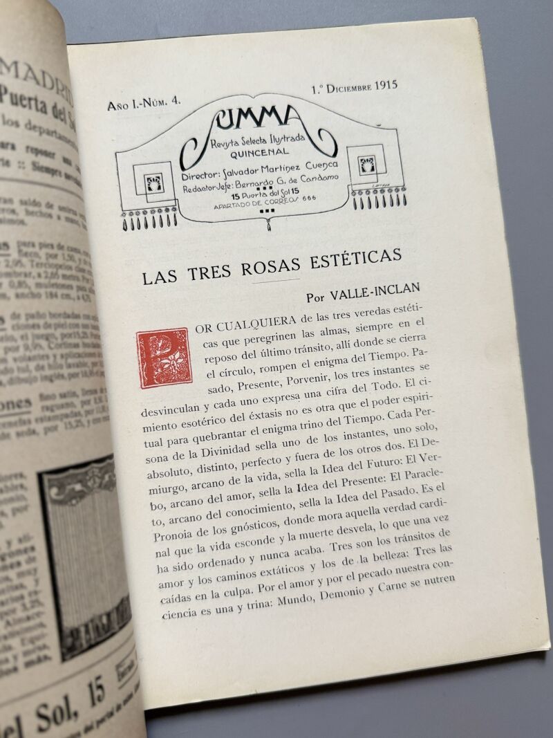 Summa. Revista Selecta Ilustrada. Juan Ramón Jiménez, Valle-Inclán, M. Nelken - Año I, nº4 1915
