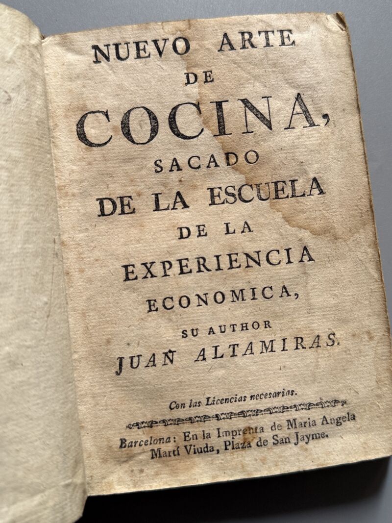 Nuevo arte de cocina, Juan Altamiras - Imprenta de María Ángela Martí Viuda, 1767
