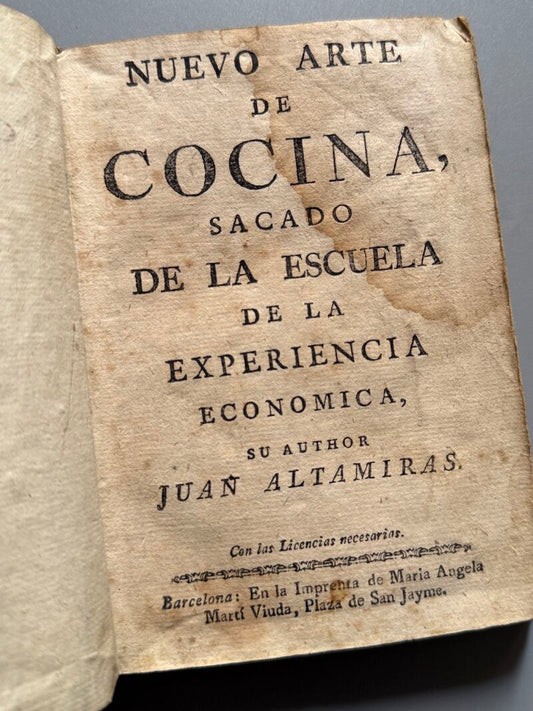 Nuevo arte de cocina, Juan Altamiras - Imprenta de María Ángela Martí Viuda, 1767