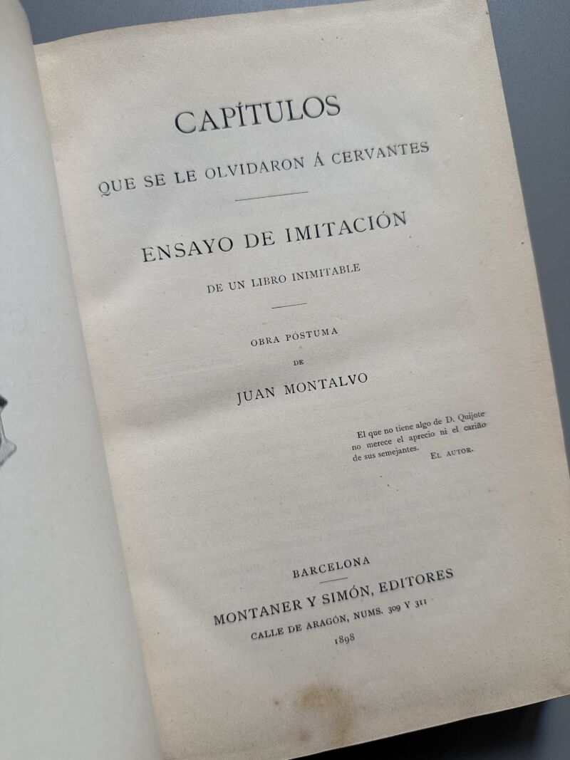 Capítulos que se le olvidaron a Cervantes, Juan de Montalvo - Montaner y Simón, 1898