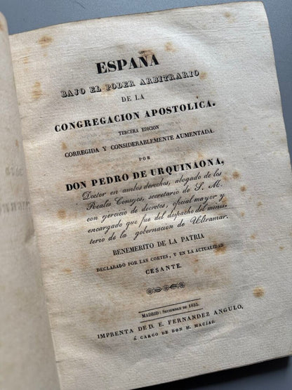 España bajo el poder arbitrario de la congregación apostólica, Pedro de Urquinaona - Madrid, 1835