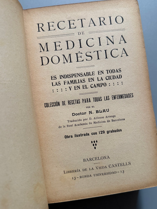 Libro de: Recetario de medicina doméstica, Doctor N. Blau - Librería de la viuda Castells, ca. 1930.
