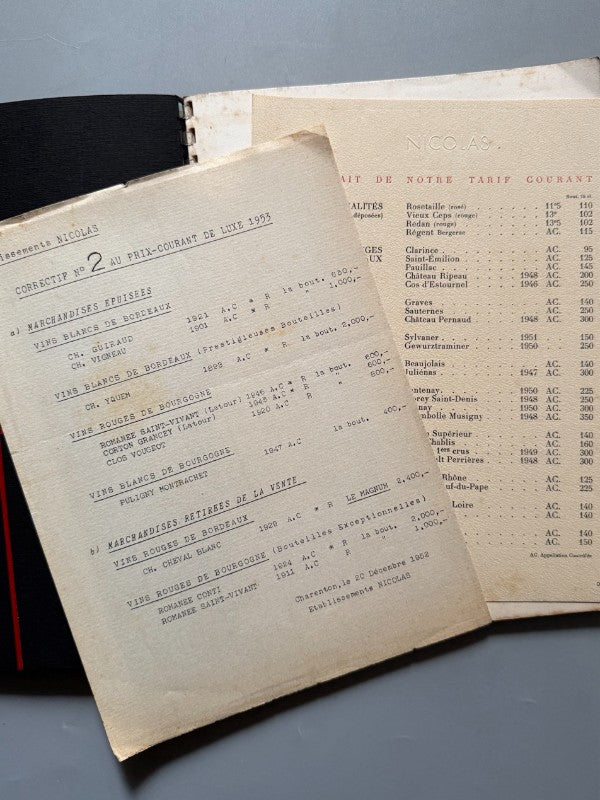 Liste de grands vins 1953 sur le signe de Don Quichotte - Établiments Nicolas, 1952