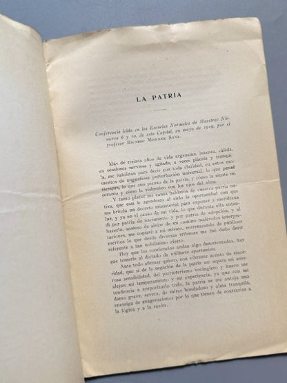 La patria. Conferencia, Ricardo Monner Sans (dedicatoria autógrafa) - Schenone Hnos. & Linari, 1919