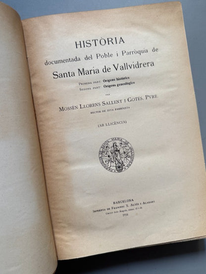 Història de Santa Maria de Vallvidrera, Mossèn Llorens Sallent - Barcelona, 1916