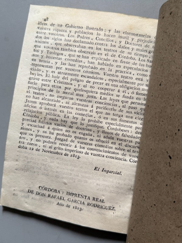 Discurso político-moral contra el teatro, El Imparcial - Córdoba, 1813