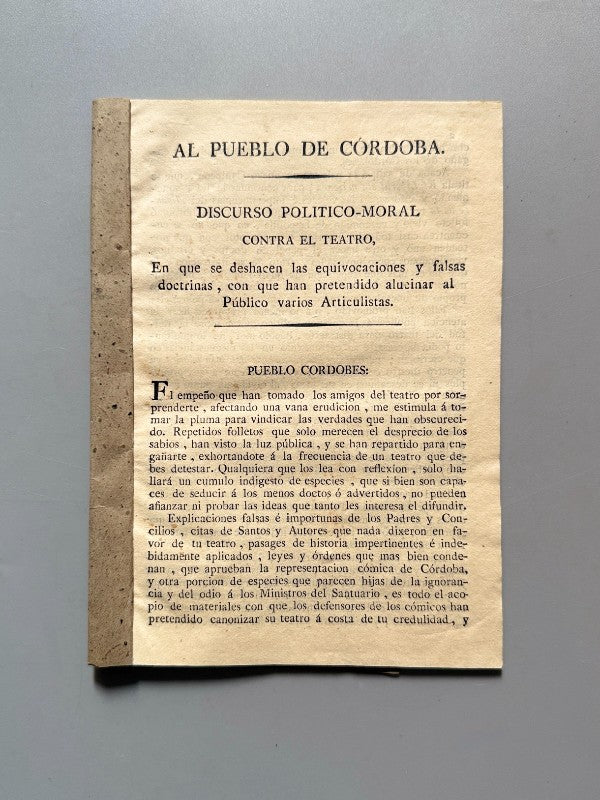 Discurso político-moral contra el teatro, El Imparcial - Córdoba, 1813