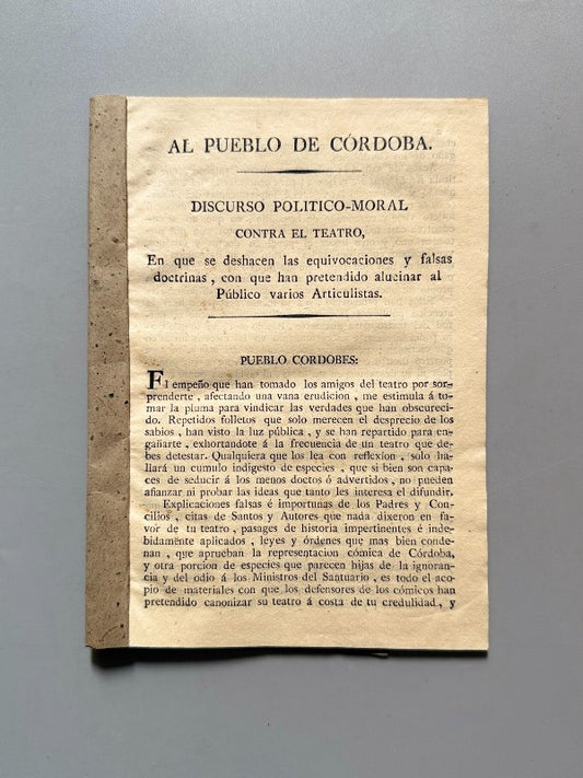 Discurso político-moral contra el teatro, El Imparcial - Córdoba, 1813