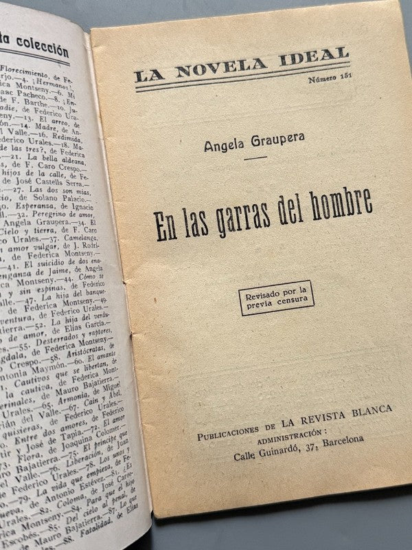 En las garras del hombre, Ángela Graupera (La Novela Ideal nº151) - La Revista Blanca, años 20-30