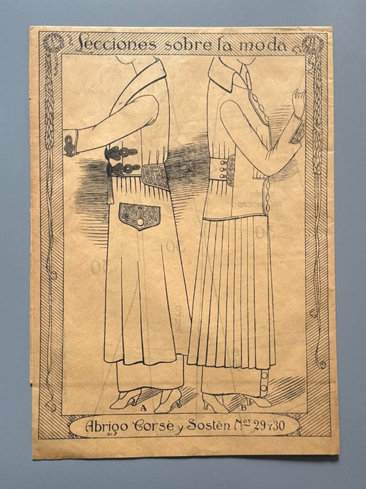 Lecciones sobre la moda. Abrigo, corsé y sostén nº29 y 30. Patrones graduables Sistema Martí c. 1920
