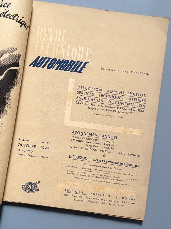 Revue Technique Automobile. 4º año, nº42 - Paris, Octubre de 1949