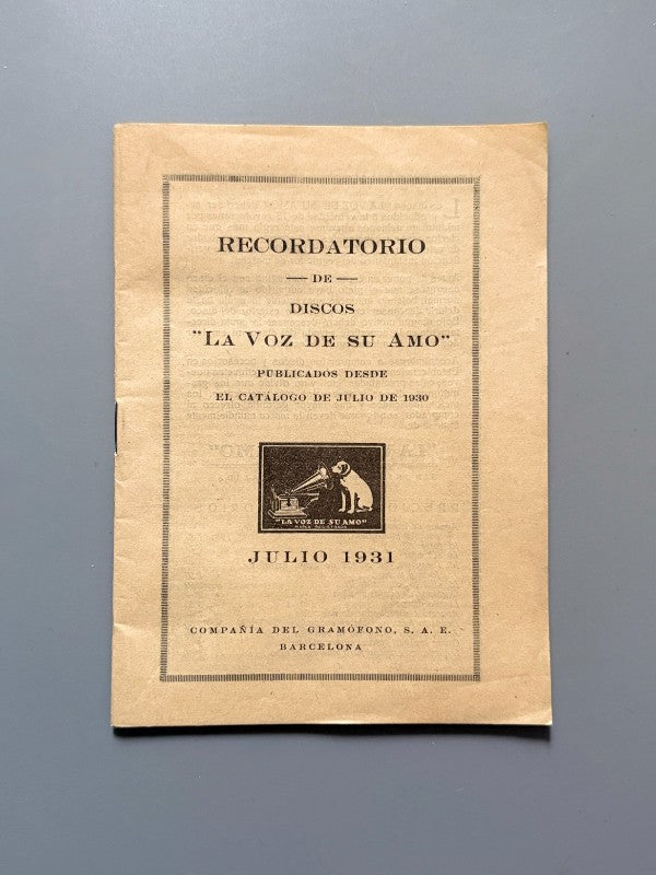 Recordatorio de discos "La voz de su amo". Catálogo - Compañía del Gramófono, julio de 1931
