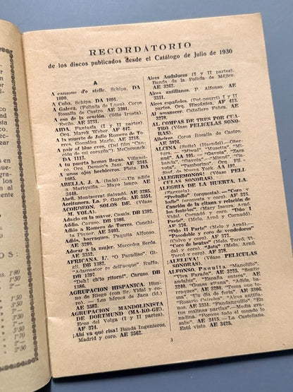 Recordatorio de discos "La voz de su amo". Catálogo - Compañía del Gramófono, julio de 1931