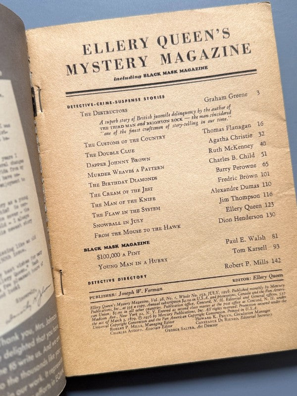 Ellery Queen's Mystery Magazine. Agatha Christie, Graham Greene - julio de 1956