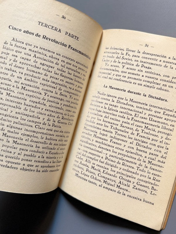 La francmasonería, crimen de lesa patria, J. Tusquets (Guerra Civil) - Ediciones Antisectarias, 1936