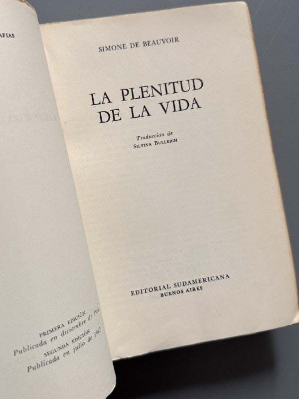 La plenitud de la vida, Simone de Beauvoir - Editorial Sudamericana, 1962