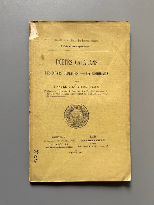 Poètes catalans, Manuel Milá y Fontanals (firmado) - Maisonneuve, 1876