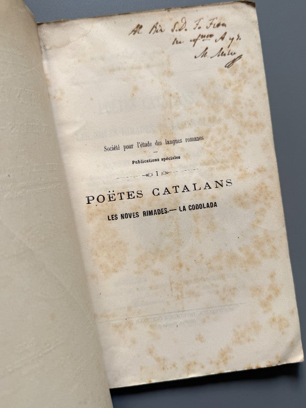 Poètes catalans, Manuel Milá y Fontanals (firmado) - Maisonneuve, 1876