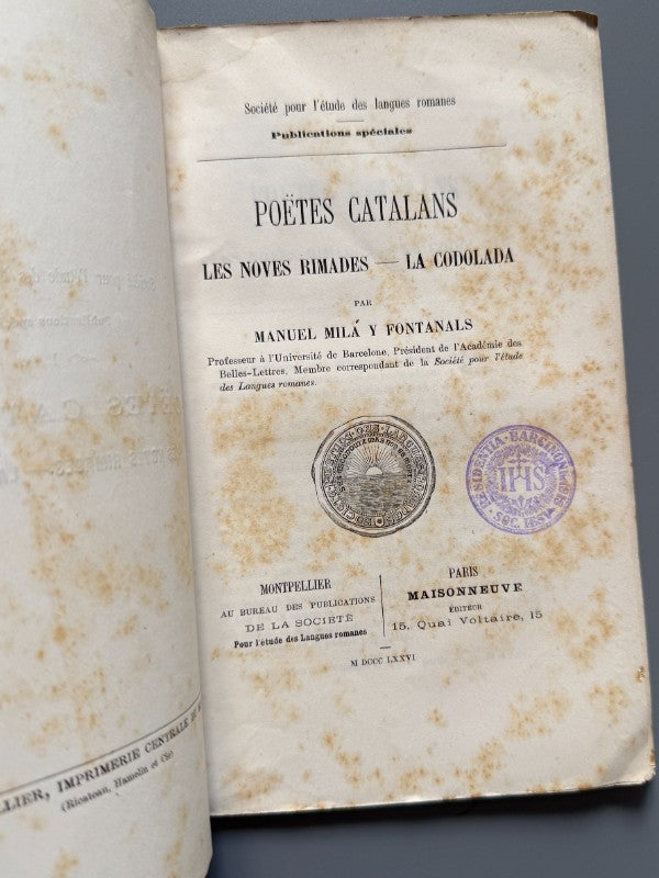 Poètes catalans, Manuel Milá y Fontanals (firmado) - Maisonneuve, 1876