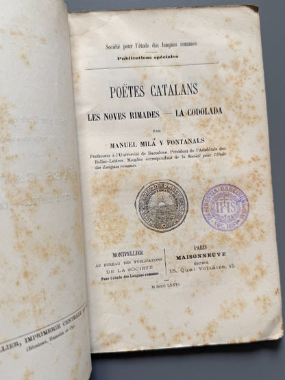 Poètes catalans, Manuel Milá y Fontanals (firmado) - Maisonneuve, 1876