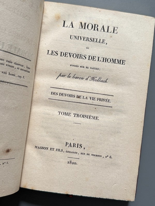 La morale universelle ou Les devoirs de l'Homme, Baron d' Holbach - Masson et fils libraires, 1820