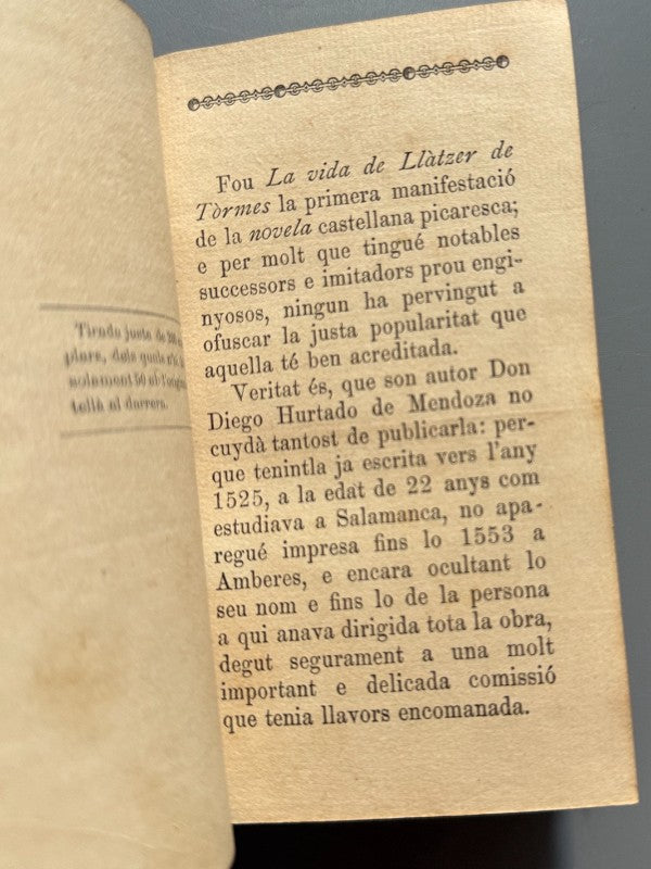 La vida de Llatzer de Tormes, Diego Hurtado de Mendoza (1ª ed. cat.) - Barcelona, 1892