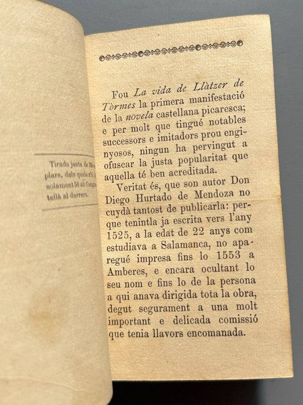 La vida de Llatzer de Tormes, Diego Hurtado de Mendoza (1ª ed. cat.) - Barcelona, 1892