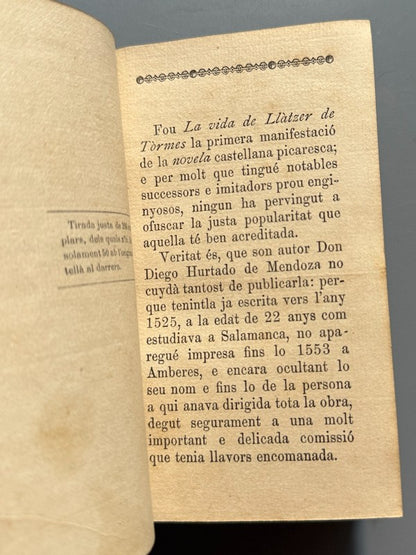La vida de Llatzer de Tormes, Diego Hurtado de Mendoza (1ª ed. cat.) - Barcelona, 1892