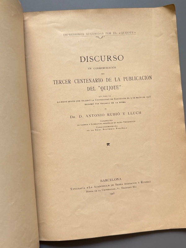 Discurso tercer centenario de la publicación del "Quijote" - Antonio Rubió y Lluch, 1905