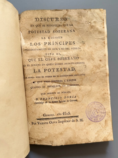 Discurso en que se manifiesta que la potestad soberana la reciben los príncipes de Dios - 1805