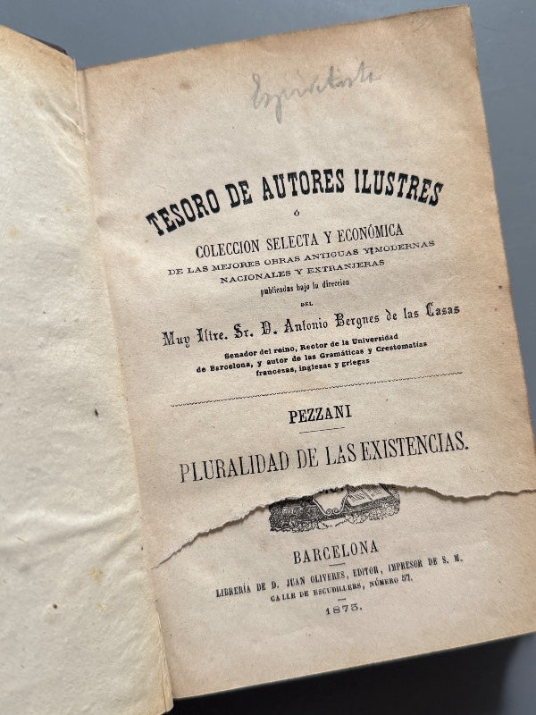 Pluralidad de las existencias del alma, Andrés Pezzani - Librería de D. Juan Oliveres, 1873