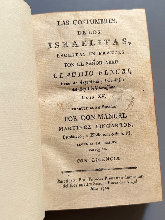 Las costumbres de los israelitas, Claudio Fleuri. Sello C. N. T - Thomas Piferrer Impressor, 1769