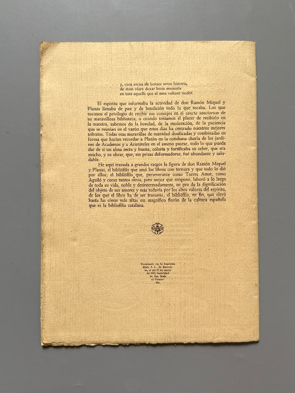 La Bibliofilia Catalana y Ramón Miquel y Planas, José Porter (firmado) - En casa del autor, 1952