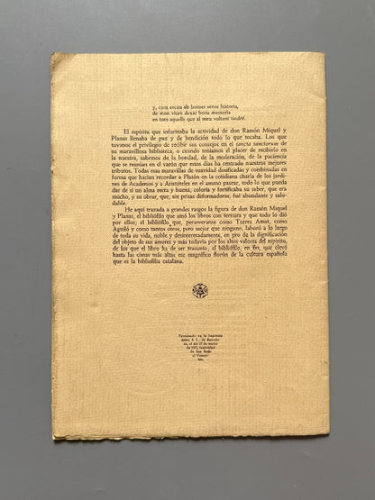 La Bibliofilia Catalana y Ramón Miquel y Planas, José Porter (firmado) - En casa del autor, 1952