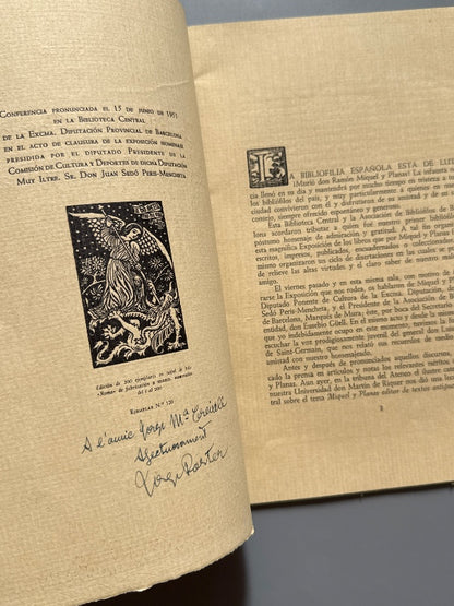 La Bibliofilia Catalana y Ramón Miquel y Planas, José Porter (firmado) - En casa del autor, 1952