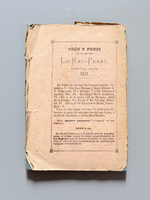 Lo rat-penat. Calendari llemosí 1877, Constantí Llombart - Estampa de Joseph M. Blesa, 1876