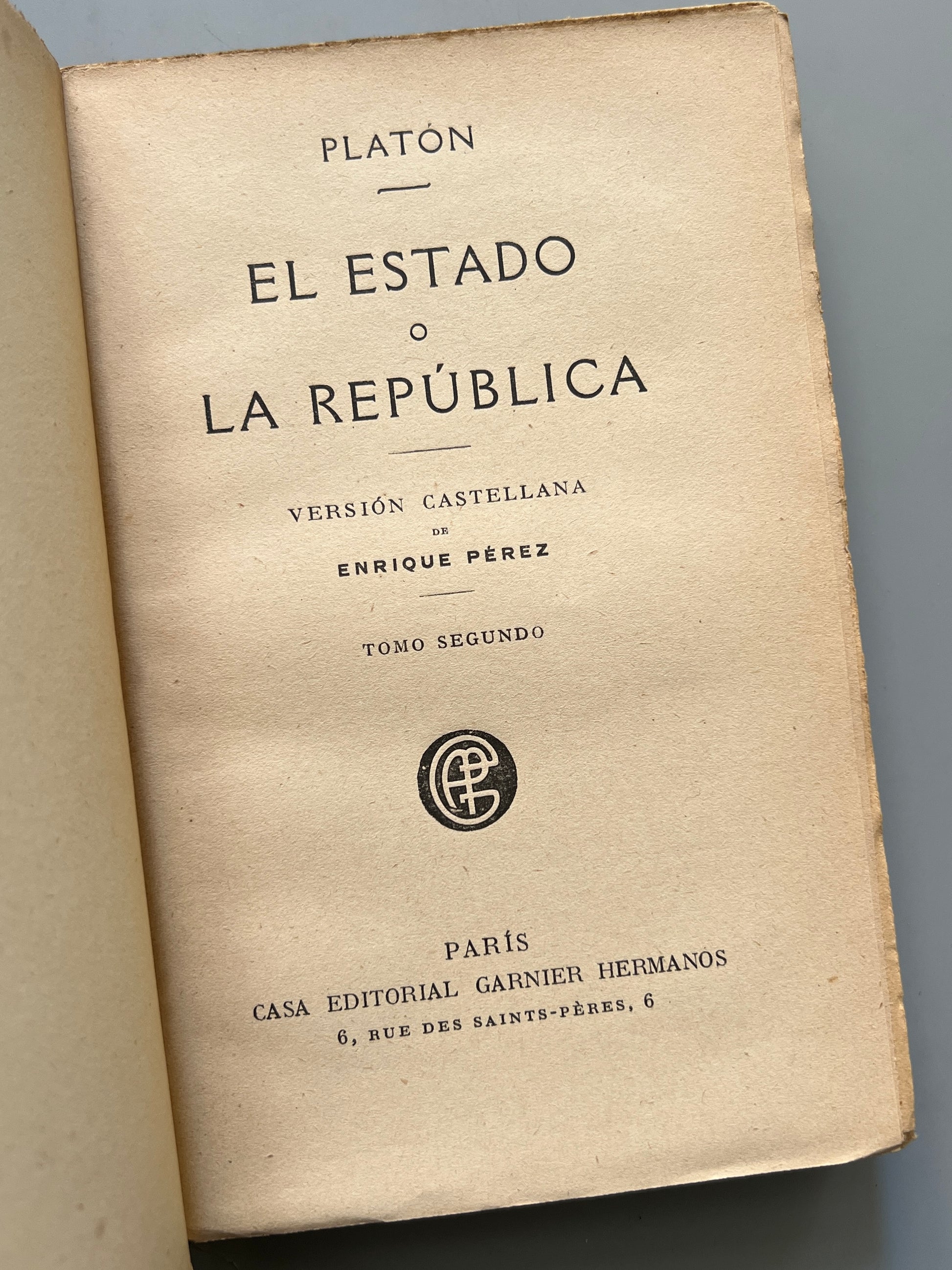Libro de: El Estado o la República, Platón - Garnier Hermanos, ca. 1900