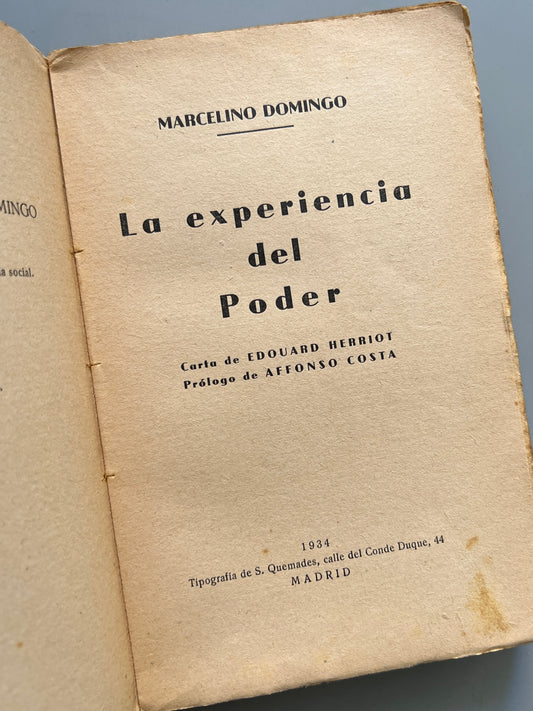 Libro de: La experiencia del poder, Marcelino Domingo - Tip. De S. Quemades, 1934