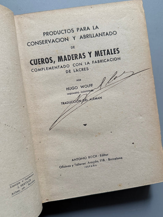 Libro de: Productos para la conservación y abrillantado de cueros, maderas y metales - Antonio Roch Editor