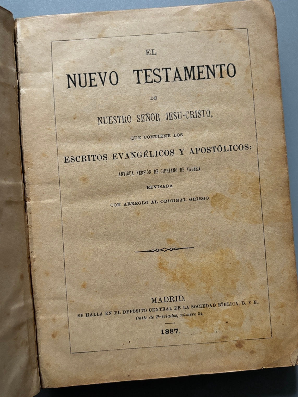 Libro de: El nuevo testamento de nuestro señor Jesu-cristo - Sociedad Bíblica, 1887