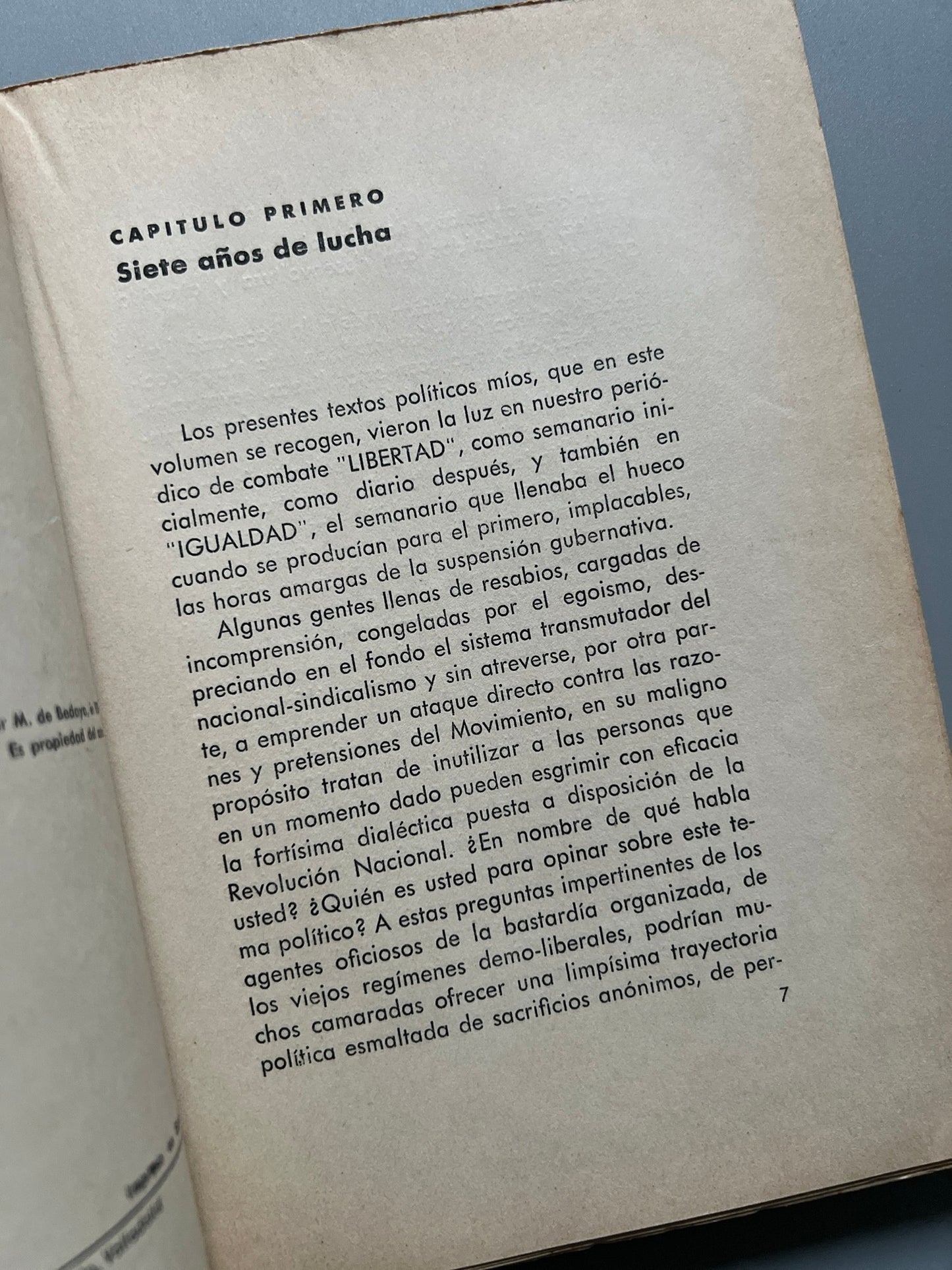 Libro de: Siete años de lucha. Una trayectoria política, Javier M. de Bedoya - Valladolid, 1939