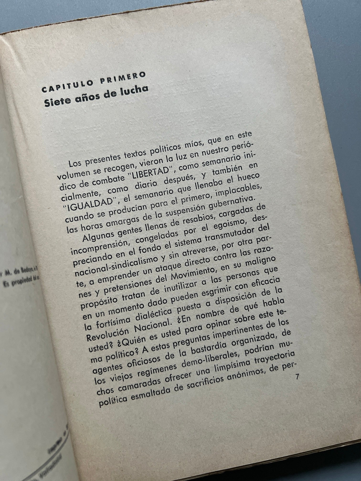 Libro de: Siete años de lucha. Una trayectoria política, Javier M. de Bedoya - Valladolid, 1939