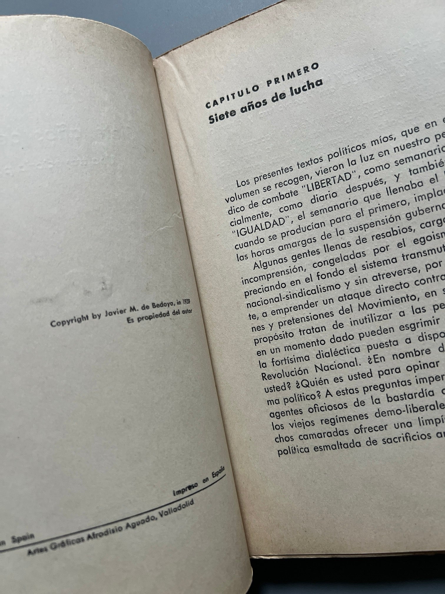 Libro de: Siete años de lucha. Una trayectoria política, Javier M. de Bedoya - Valladolid, 1939