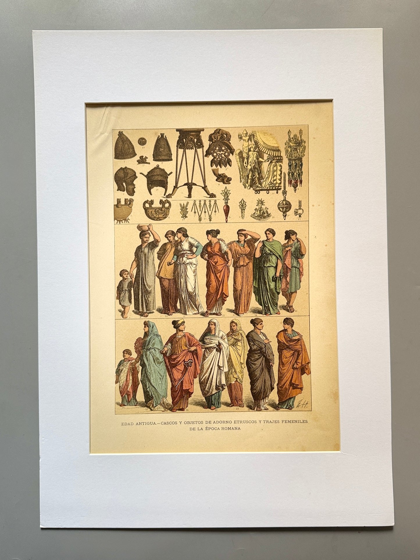 Cromolitografía adornos etruscos y vestimenta femenina romana - Historia del traje. Montaner y Simón ca. 1890