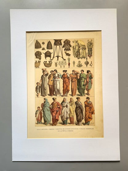 Cromolitografía adornos etruscos y vestimenta femenina romana - Historia del traje. Montaner y Simón ca. 1890