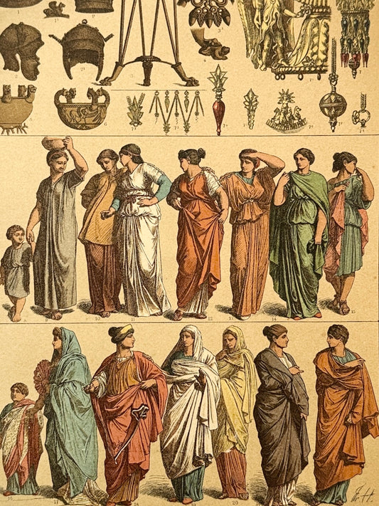 Cromolitografía adornos etruscos y vestimenta femenina romana - Historia del traje. Montaner y Simón ca. 1890