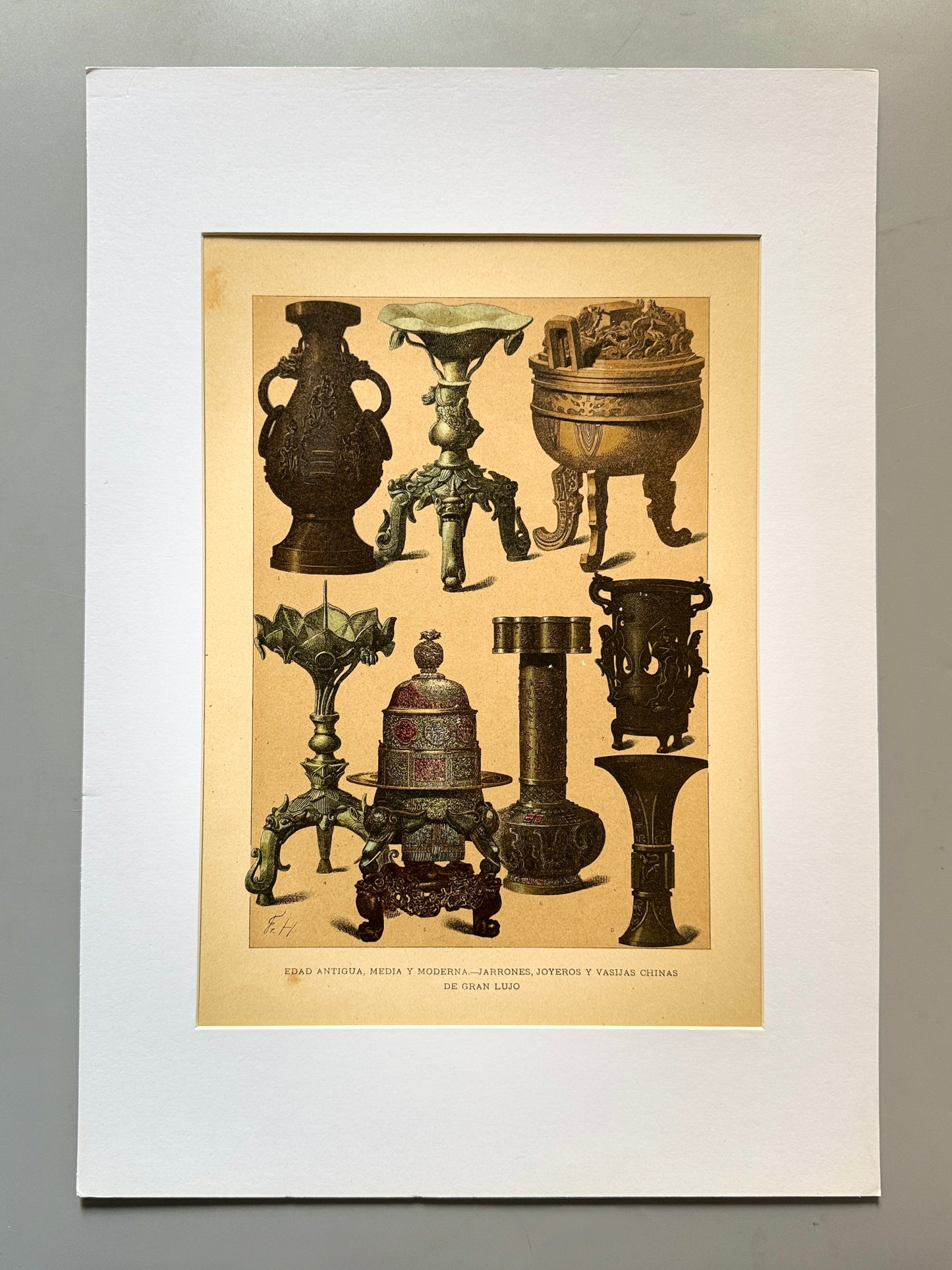 Cromolitografía jarrones, joyeros y vasijas chinas - Historia general del arte. Montaner y Simón ca. 1890