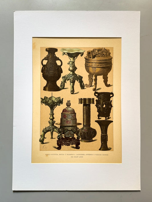 Cromolitografía jarrones, joyeros y vasijas chinas - Historia general del arte. Montaner y Simón ca. 1890