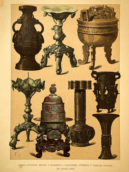 Cromolitografía jarrones, joyeros y vasijas chinas - Historia general del arte. Montaner y Simón ca. 1890