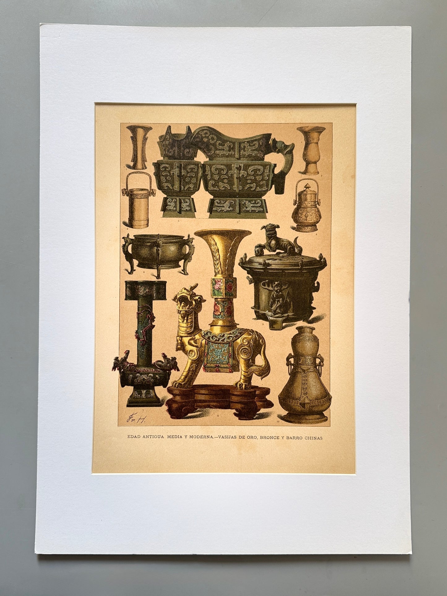 Cromolitografía vasijas de oro, bronce y barro chinas - Historia general del arte. Montaner y Simón ca. 1890